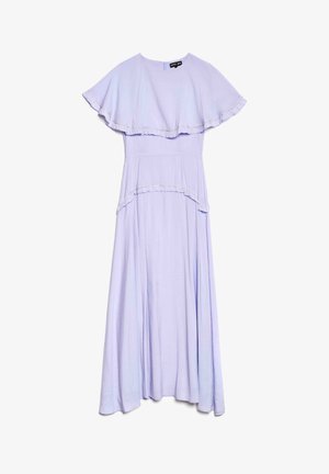 Vestido sin mangas de lavanda con un cuerpo acampanado y con capas, y acentos con volantes en la cintura, fabricado en tejido ligero y suave.