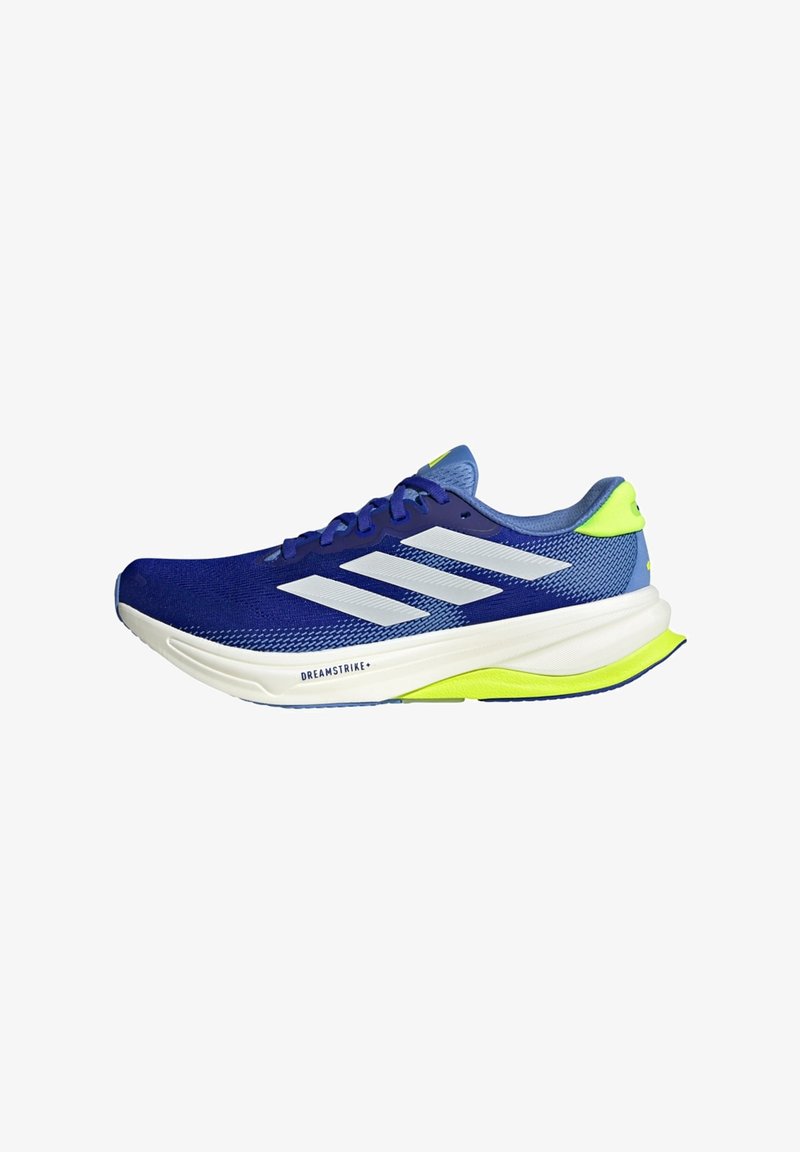 Blue athletic shoes with a breathable mesh upper, white stripes, and a textured sole, featuring vibrant green accents on the heel.