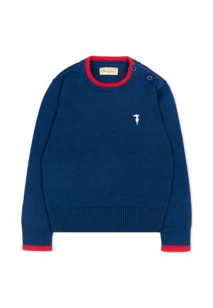 Maglione blu navy a maniche lunghe con bordino rosso su colletto e polsini, due bottoni sulla spalla e piccolo logo bianco di uccello sul petto.