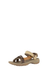 Brun och beige sandal med justerbara remmar, texturerad sula, öppen tå-design och vadderad fotbädd för komfort. Lättviktsdesign.