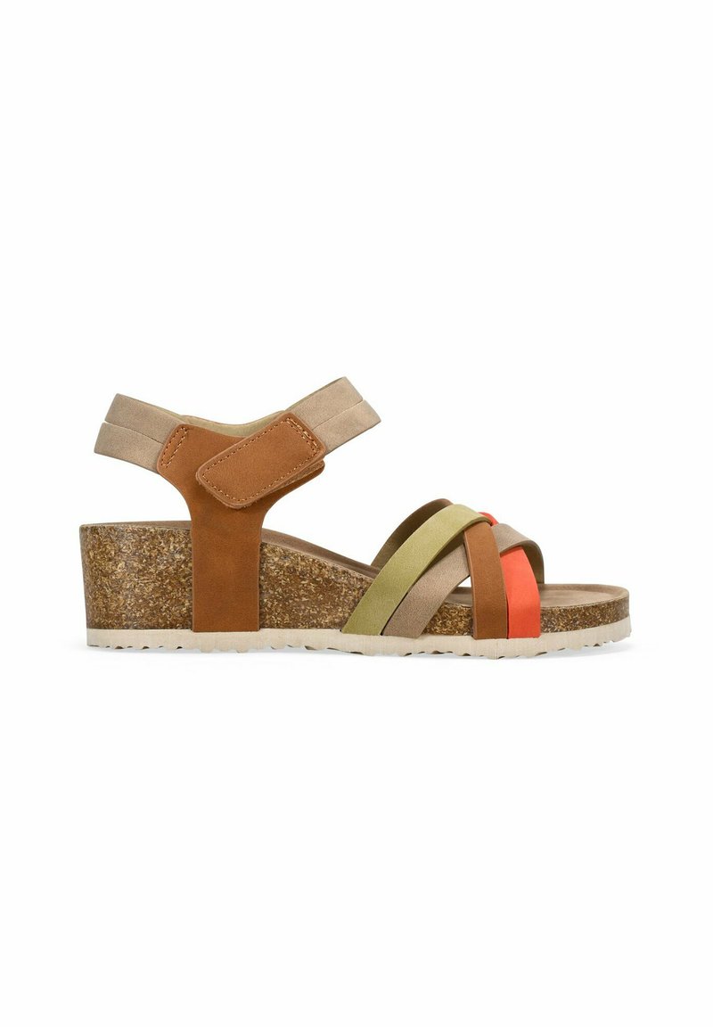 Sandalia de cuña con tiras de cuero multicolores en marrón, verde y naranja, con una plantilla de corcho y una suela de goma texturizada para mayor agarre.