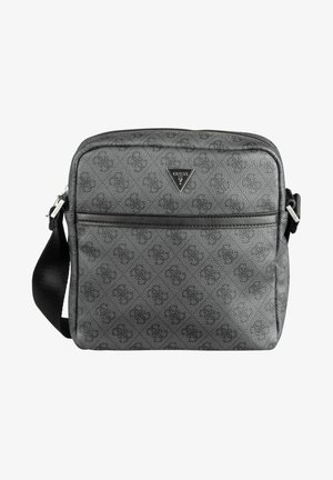 Hall vasakuline crossbody kott mustade aktsentidega, kolmnurkne logo, lukuga esikott ja reguleeritav rihm. Sile ja vastupidav materjal.