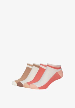 Vier Paar niedrig geschnittene Socken in Beige, Creme, hellem Korall und Korall mit kontrastierenden Fersen, Zehen und Bündchen.