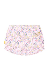 Kurze Blumen-Shorts mit pinkem Hintergrund, verziert mit blauen und gelben Blumen. Mit einem Bären-Patch und einem rüschengesäumten Saum. Aus Baumwollstoff.