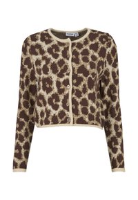Kardigán s leopardím vzorom v hnedej a krémovej farbe, skrátený dizajn, dlhé rukávy a zapínanie na gombíky vpredu. Vyrobený z mäkkej pleteniny s rebrovanými okrajmi.