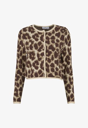 Brązowo-kremowy kardigan w panterkę, krótki krój, długie rękawy i zapięcie na guziki z przodu. Wykonany z miękkiego, dzianinowego materiału z żeberkowymi wykończeniami.