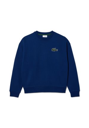 Sudadera azul marino de cuello redondo con mangas largas y un pequeño logo de cocodrilo verde en el lado izquierdo del pecho.
