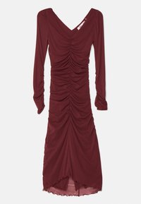 Burgundy dlouhý rukáv šaty s výstřihem do V, které mají zdobení s řasením a vlnitý lem. Vyrobené z měkkého, elastického materiálu.