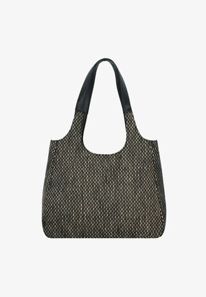 Sac fourre-tout avec un corps tissé texturé noir et crème, doté de poignées en cuir noir lisses et d'un design à ouverture supérieure.