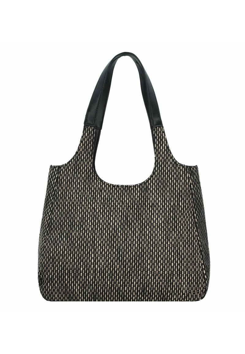 Sac fourre-tout avec un corps tissé texturé noir et crème, doté de poignées en cuir noir lisses et d'un design à ouverture supérieure.