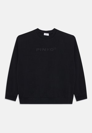 Sweatshirt noir en tissu doux avec un col rond côtelé, des manches longues et un logo tonal « PINKO » sur le devant.