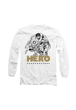 White long-sleeve shirt with black and white Avengers characters Hulk, Captain America, Iron Man, and Thor, with bold gold "HERO" text below.
