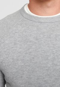 Šedý pletený svetr s texturovaným designem raglánových rukávů a žebrovaným výstřihem, vyrobený z měkkého materiálu s hladkým povrchem.