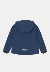 Navy blue softshell jacket with hood, yellow accents, reflective stripes on the back, and black inner cuffs. Smooth texture and streamlined design.