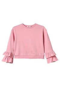 Ljusrosa kortärmad sweatshirt med långa ärmar och volangärmar. Mjuk tyg med slät yta och rund halsringning.