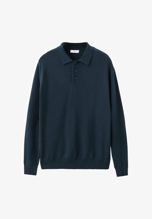 Polo à manches longues bleu marine en tissu doux. Il présente un col standard, une patte à trois boutons, ainsi qu'un ourlet et des poignets côtelés.