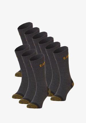 Dunkelgraue Socken mit geripptem Design und gelben Akzenten, ausgestattet mit verstärkten Zehen und Fersen. Set aus mehreren paaren, die vertikal ausgerichtet sind.