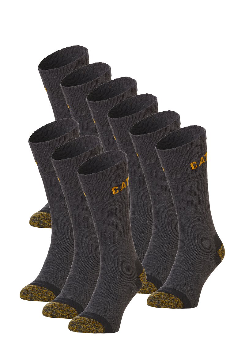 Chaussettes gris foncé avec une texture côtelée et des accents jaunes, présentant un bout et un talon renforcés. Ensemble de plusieurs paires alignées verticalement.