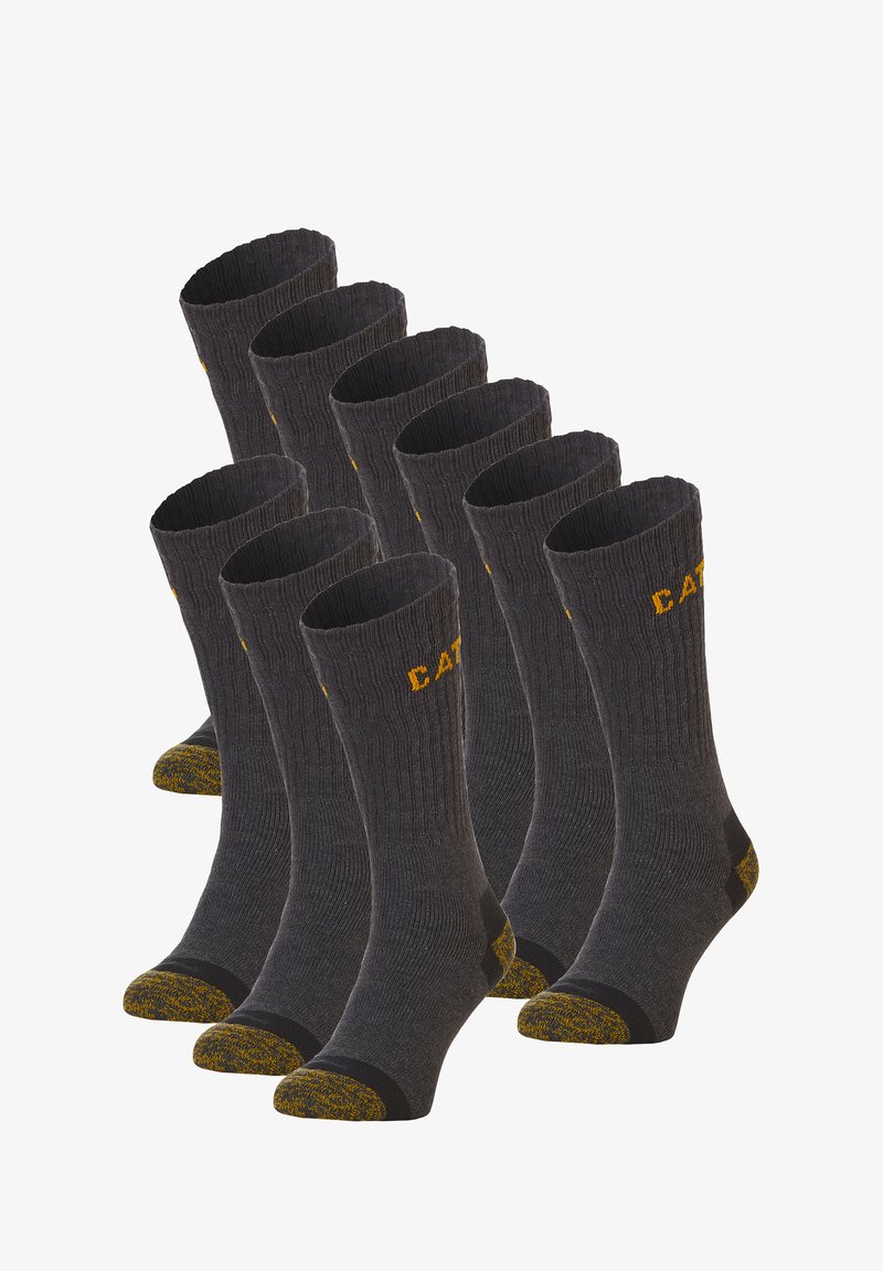 Dunkelgraue Socken mit geripptem Design und gelben Akzenten, ausgestattet mit verstärkten Zehen und Fersen. Set aus mehreren paaren, die vertikal ausgerichtet sind.