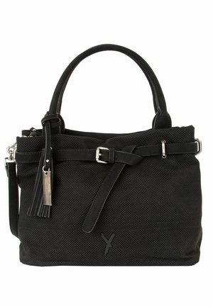 Black textured handbag with two handles, front belt detail with silver buckle, tassel zipper pull, and subtle logo near bottom center.