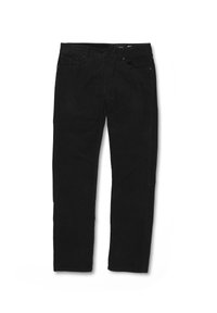 Jean noir à coupe droite avec poches avant et passants de ceinture, posé à plat sur un fond blanc.