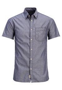 Korte mouwen, knoopsluiting shirt van blauwe chambray stof. Heeft een enkele borstzak en een rechte zoom met een klein merkembleem aan de zijkant.