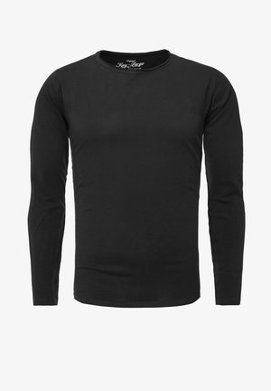 Schwarz, langärmliges Shirt aus weicher Baumwolle, mit Rundhalsausschnitt und schlankem Schnitt. Glatte Textur ohne Muster oder Verzierungen.