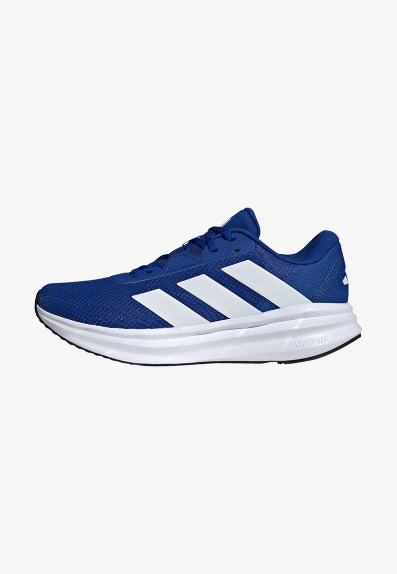 Blue mesh running shoe featuring three white stripes, round toe, lace-up front, and a cushioned white midsole with a textured black outsole.