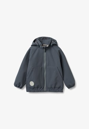 Veste à capuche gris foncé pour enfants avec fermeture éclair frontale, deux poches, poignets et ourlet élastiques, et petit logo rond sur la poche inférieure gauche.