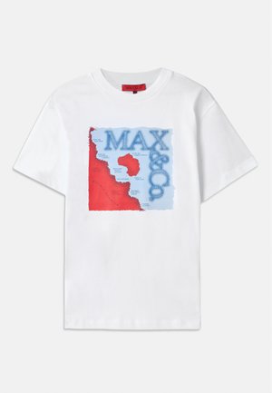 White cotton t-shirt featuring a colorful graphic design with red and blue elements, depicting a map and the text "MAX & CO." prominently.