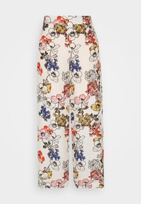 Pantalons larges à imprimé floral avec un fond crème et des fleurs colorées en rouge, bleu, jaune et détails noirs. Texture en tissu doux.