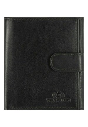 Portefeuille en cuir noir, avec une texture lisse, des bords arrondis et une fermeture à rabat ; logo embossé sur le devant ; coutures soignées.