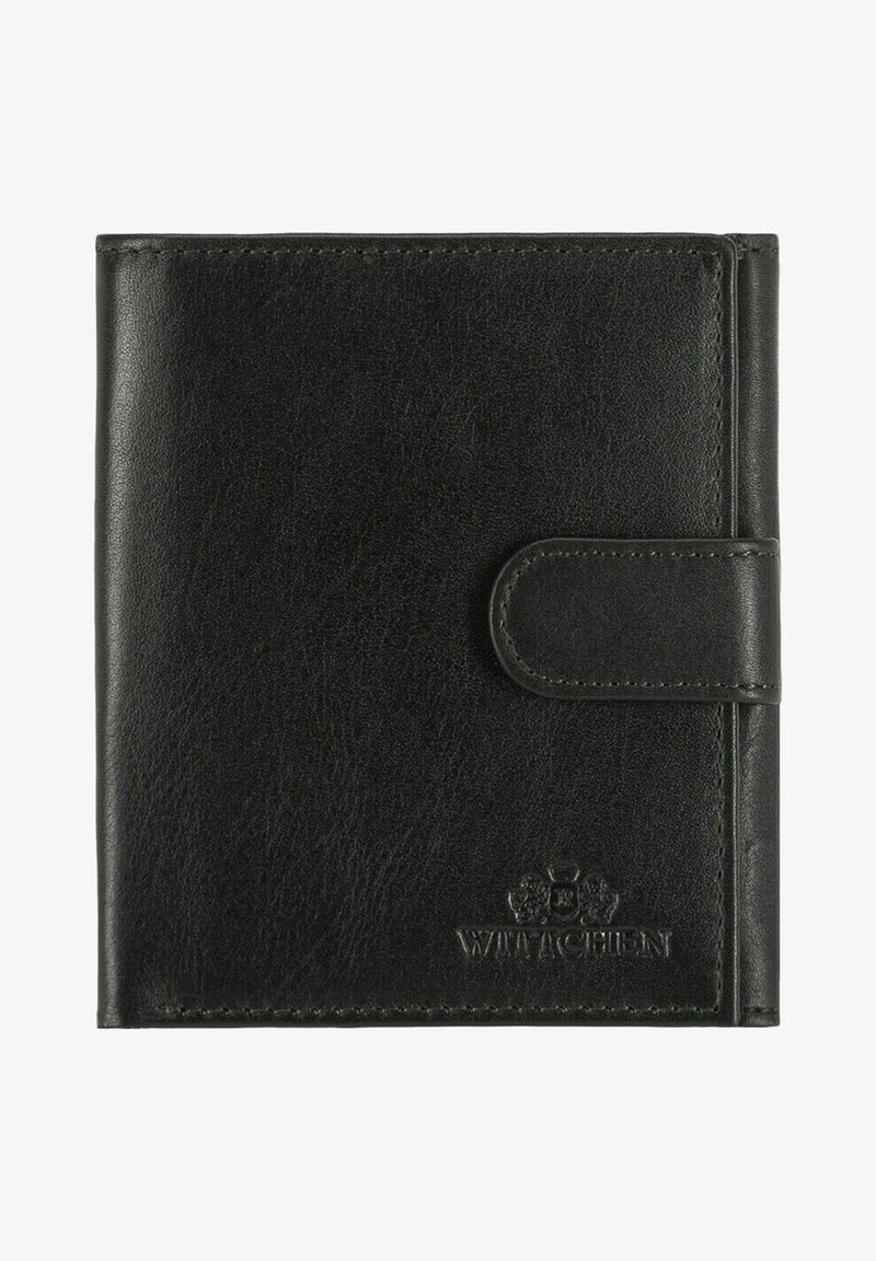 Portefeuille en cuir noir, avec une texture lisse, des bords arrondis et une fermeture à rabat ; logo embossé sur le devant ; coutures soignées.