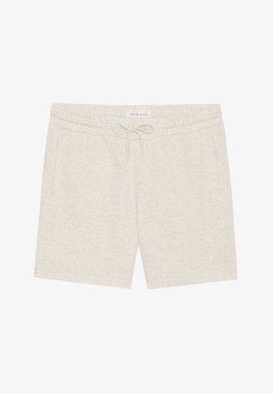 Shorts de color beige claro, hechos de un material suave, con cintura ajustable con cordón, bolsillos laterales y una sutil textura moteada.