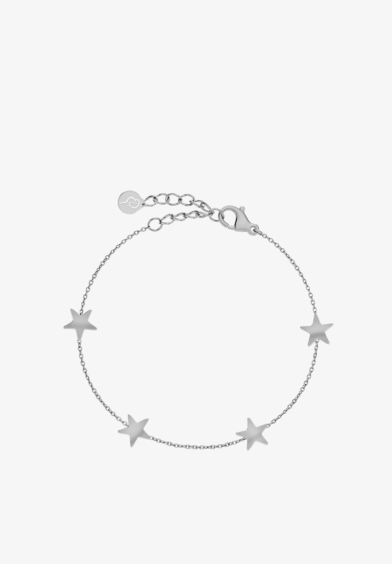 Sidabrinė grandinėlė apyrankė su penkiais žvaigždės formos pakabukais, lygia tekstūra, reguliuojamo ilgio su omarų užsegimu.