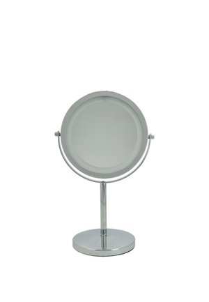 Runder Tischspiegel mit Chromfinish auf einer runden Basis, mit einer schlanken, spiegelnden Oberfläche und einem schwenkbaren Arm für verstellbaren Winkel.