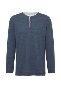 Langärmliges Henley-Shirt aus dunkelblauem Melange-Stoff. Mit einem grauen Rippkragen, einer Knopfleiste mit drei Knöpfen und einem kleinen Logo auf der Brust.