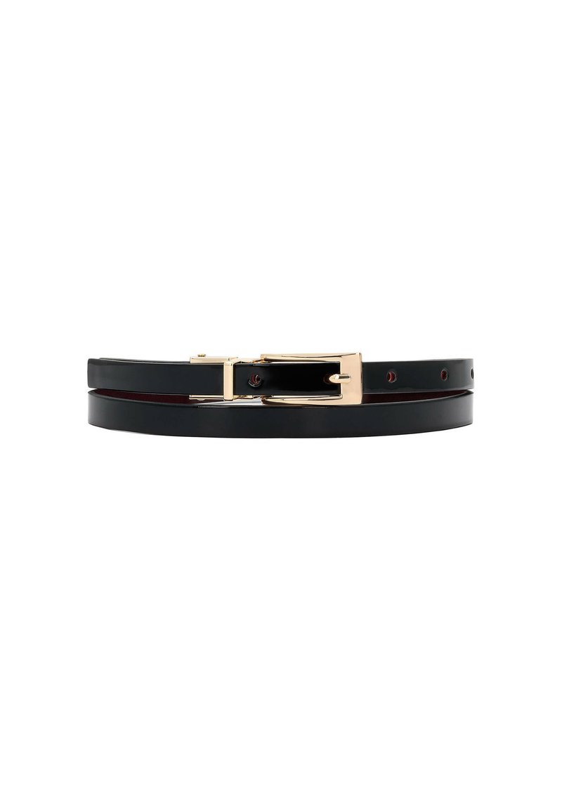 Must muströng nahkrihm sujuva tekstuuriga, kuldne metallist pandla ja mitme reguleerimisauguga. Disain on kitsas ja minimalistlik.