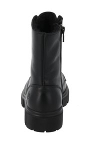 Schwarze Leder-Ankle-Boots mit glatter Oberfläche, runder Spitze und strukturierten Gummi-Sohlen. Verfügt über einen seitlichen Reißverschluss für einfaches An- und Ausziehen.