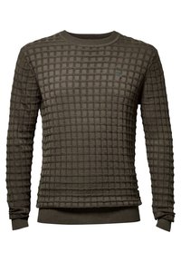 Khaki sweter z długim rękawem wykonany z teksturowanej tkaniny w kratkę, z prążkowanym okrągłym dekoltem i mankietami. Posiada niewielkie logo na klatce piersiowej.
