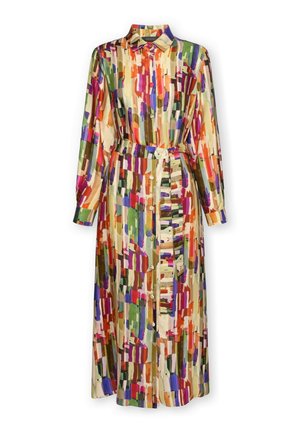 Lange mouwen, losknopen jurk met een kraag, taille met riem en een abstract multicolor penseelstreekpatroon in rood, groen, paars en beige tinten.