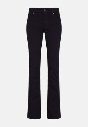 Czarne dżinsy z szerokimi nogawkami, wyposażone w zapięcie na guzik, szlufki na pasek oraz pięć kieszeni, o gładkiej fakturze i jednolitym kolorze.