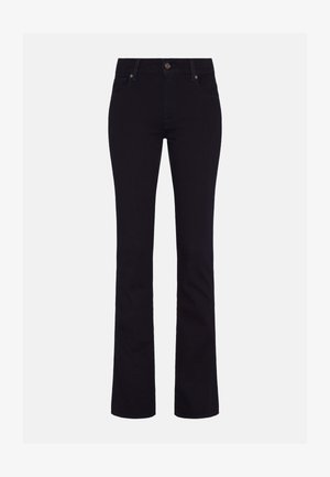 Czarne dżinsy z szerokimi nogawkami, wyposażone w zapięcie na guzik, szlufki na pasek oraz pięć kieszeni, o gładkiej fakturze i jednolitym kolorze.