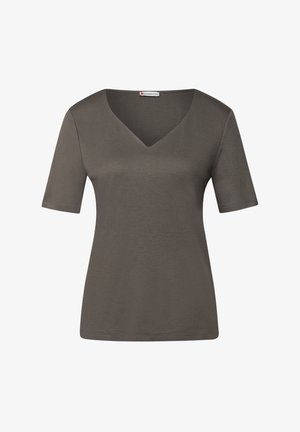 T-shirt met korte mouwen en V-hals, gemaakt van gladde, rekbare stof in donkergroen. Beschikt over een eenvoudig ontwerp met een licht getailleerde pasvorm.