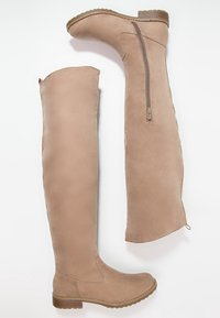 Botas de ante beige de caña alta con cremallera lateral, punta redondeada y tacón bajo texturizado. Acabado suave con detalle de costura a lo largo de las costuras.