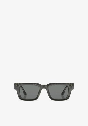 Rectangular black marbled sunglasses with dark tinted lenses and thick frames, viewed from the front on a white background.