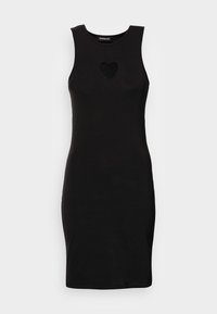 Vestido preto sem mangas feito de um tecido suave, com um silhueta ajustada e um recorte em forma de coração na área do peito.