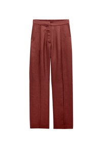 Czerwone lniane spodnie o luźnym kroju, z szerokimi nogawkami, przednimi zakładkami i elastycznym pasem dla wygody.