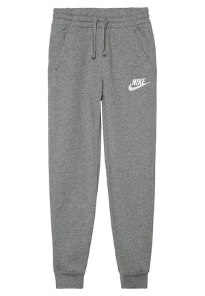 Pantaloni della tuta Nike grigi con vita elastica, coulisse, tasche laterali, polsini alle caviglie e logo Nike bianco sulla coscia sinistra.