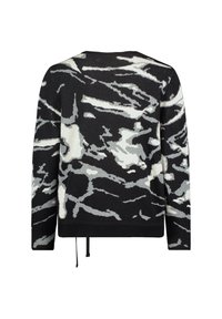 Schwarzer und grauer gemusterter Pullover mit lockerer Passform, Rundhalsausschnitt und geripptem Saum. Das Design weist abstrakte, wavy Formen über die gesamte Oberfläche auf.